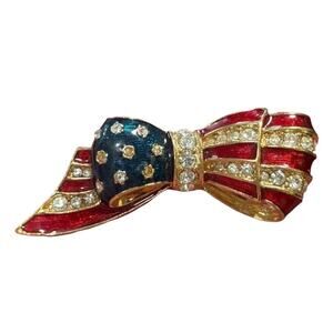 Vintage Carolee Bow Brooch Red White Blue Rhinestone Enamel Patriotic Signed Pin